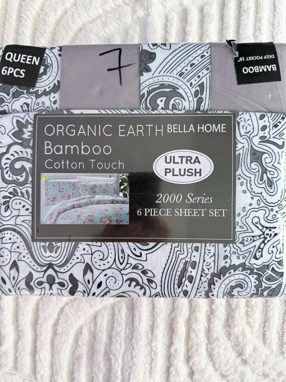 organic Home Bella Earth Bamboo Dark Gray/ White Queen Size 6 Piece Sheet Set